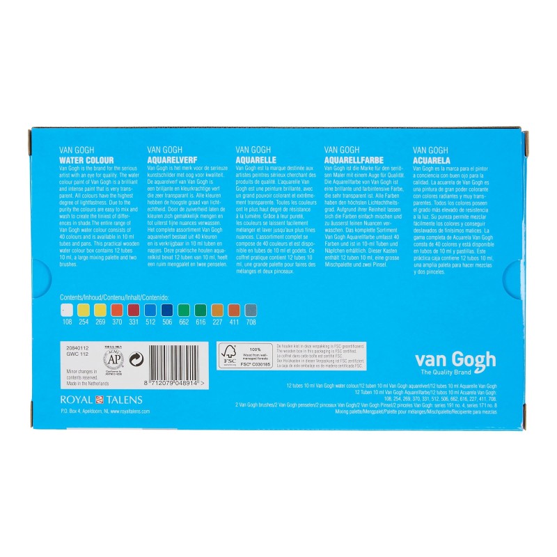 Van Gogh : Tüp Sulu Boya Seti : 12 Renk x10 ml : Ahşap Kutu (Aksesuar)