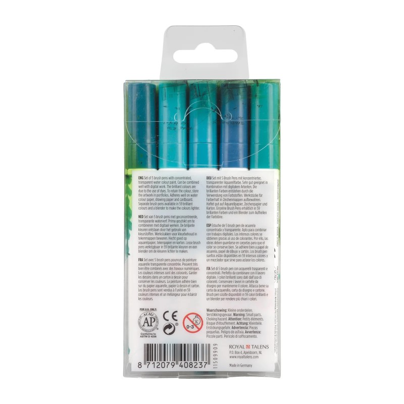 Talens : Ecoline : Fırça Uçlu Kalem Seti : 5 Renk : Green Blue